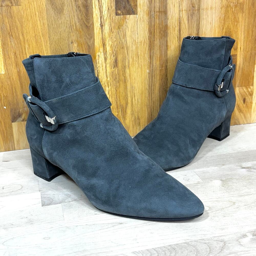Aquatalia Phiona Gray Suede Almond Toe Heeled Ankle Boots 10.5